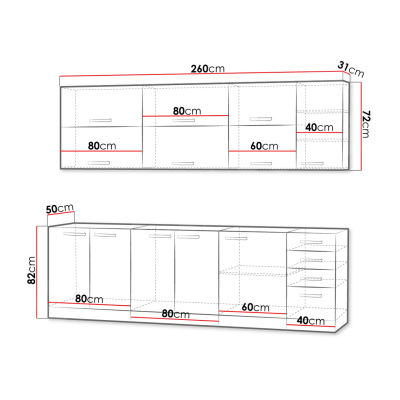 Konyhabútor 260/260 cm RONG 4 - szürke / fényes szürke + INGYENES LED világítás
