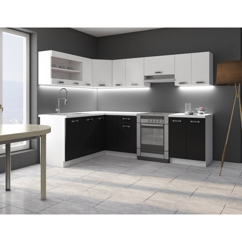 Modern sarokkonyha 249/169 cm LED világítással TAO 3 - fekete / fehér