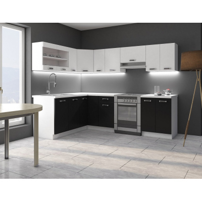 Modern sarokkonyha 249/169 cm LED világítással TAO 3 - fekete / fehér