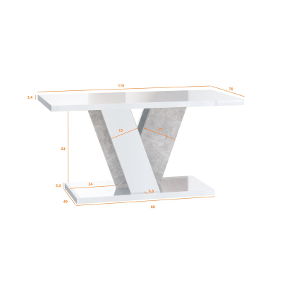ANDREJ stílusos dohányzóasztal - fényes fehér / beton