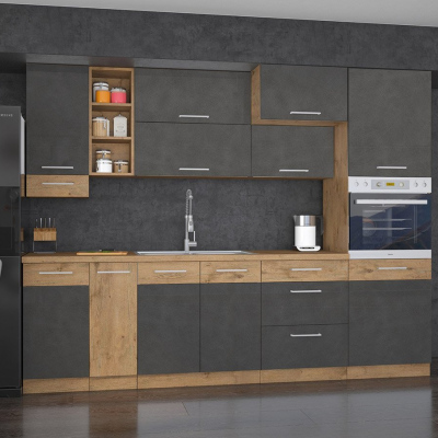 270/270 cm-es ZHILAN 3 konyhaszekrény - lancelot tölgy / matera + LED, mosogató és munkalap INGYENES