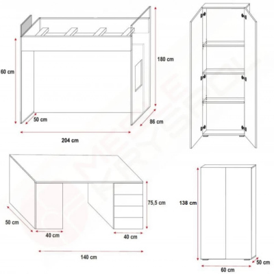 Gyerekszobai ágy íróasztallal RENI 4 - 80x200, fehér / lila