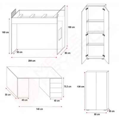 Gyerekszobai ágy íróasztallal RENI 4 - 80x200, fehér / szürke