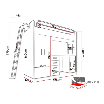Gyerekszobai ágy íróasztallal RENI 4 - 80x200, fehér / szürke
