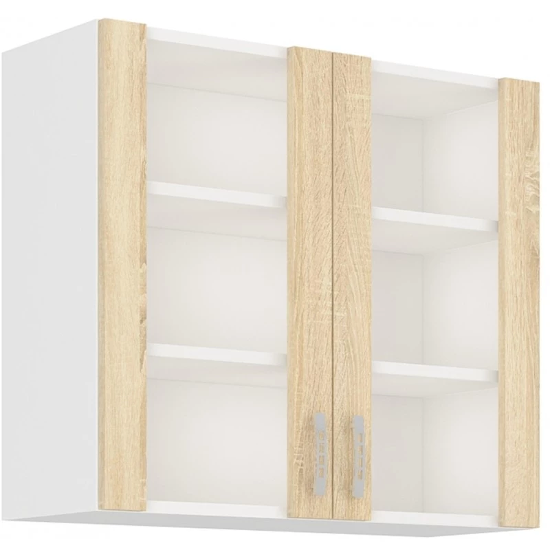 Felső vitrines szekrény SABRYA - szélesség 80 cm, sonoma tölgy / fehér