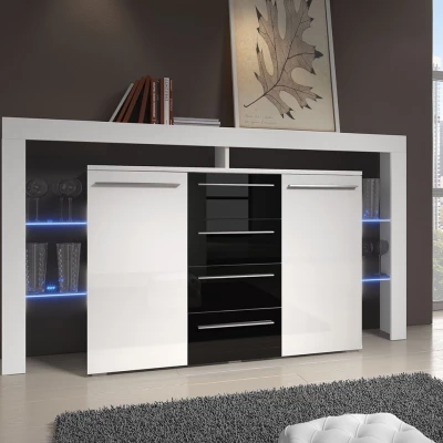 ROLIN 2 fiókos komód LED világítással - fehér / fényes fekete