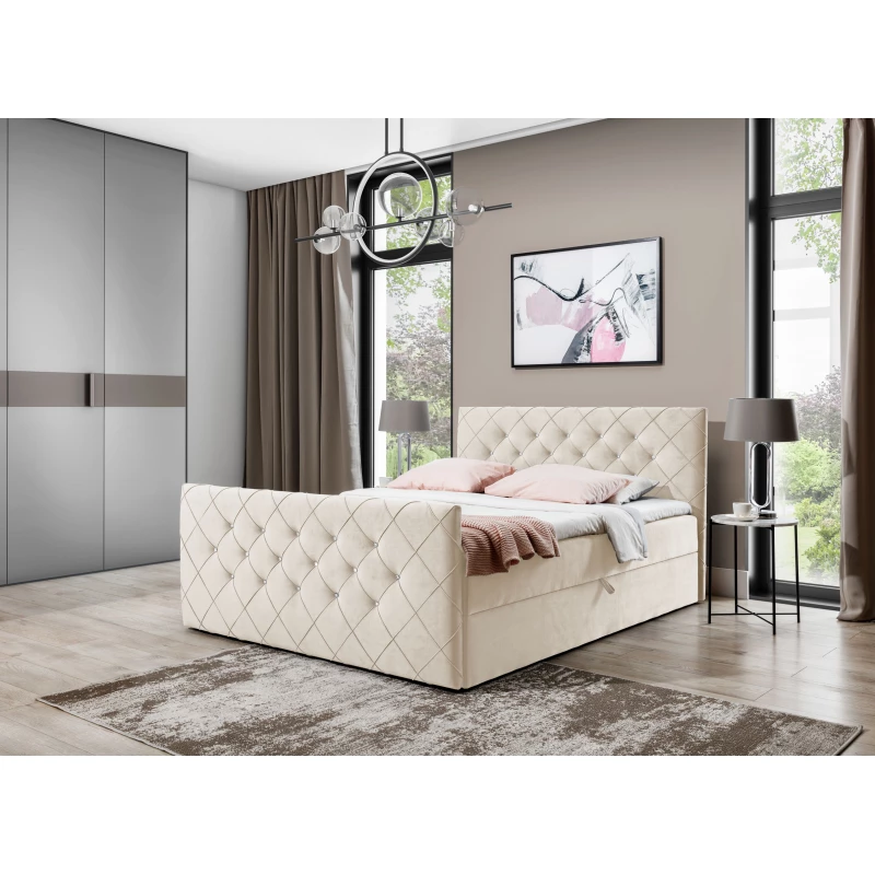 LENKA boxspring ágy - 200x200, krémszínű + INGYENES topper