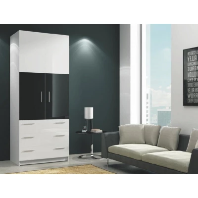 Kétajtós, fiókos RYBAR szekrény - szélesség 80 cm, fehér / fényes fekete