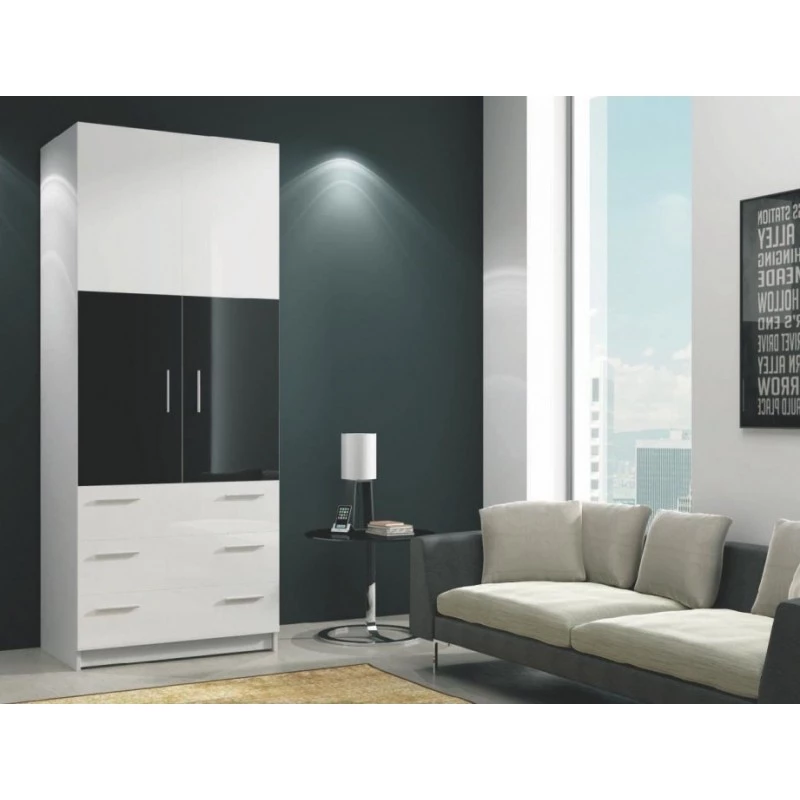 Kétajtós, fiókos RYBAR szekrény - szélesség 80 cm, fehér / fényes fekete