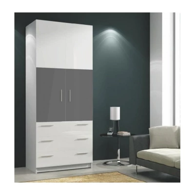 Kétajtós, fiókos RYBAR szekrény - szélesség 80 cm, fehér / szürke fényes felület