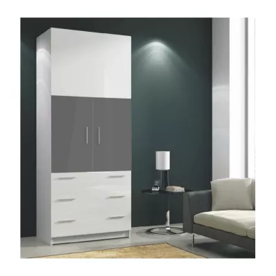 Kétajtós, fiókos RYBAR szekrény - szélesség 80 cm, fehér / szürke fényes felület