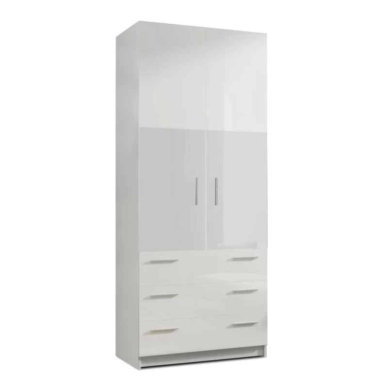 Kétajtós, fiókos RYBAR szekrény - szélesség 80 cm, fehér / fényes fehér