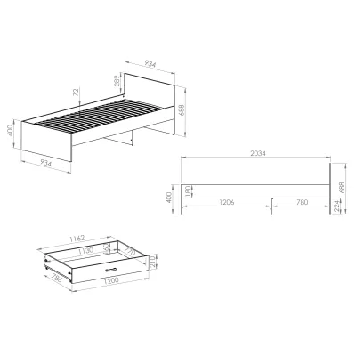 KARIS egyszemélyes ágy 90x200 - fehér / antracit / artisan tölgy