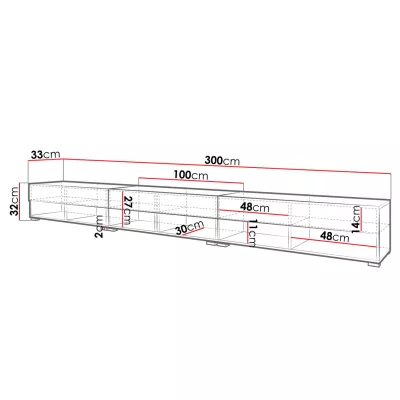 WILLA A TV-asztal 300 cm LED világítással - fehér / fényes fehér