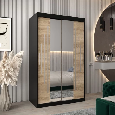 KIRA tükrös ruhásszekrény - szélesség 120 cm, fekete / sonoma tölgy