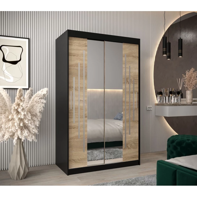 KIRA tükrös ruhásszekrény - szélesség 120 cm, fekete / sonoma tölgy