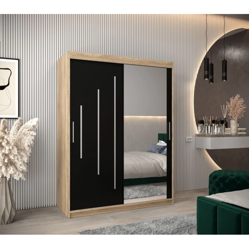 ROZALIE tükrös ruhásszekrény - szélesség 150 cm, sonoma tölgy / fekete