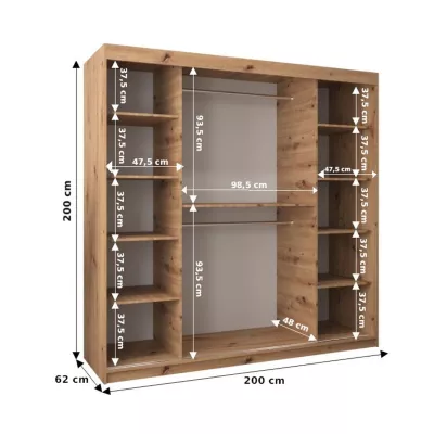 HANAH tükrös gardróbszekrény - 200 cm széles, somona tölgy / fehér