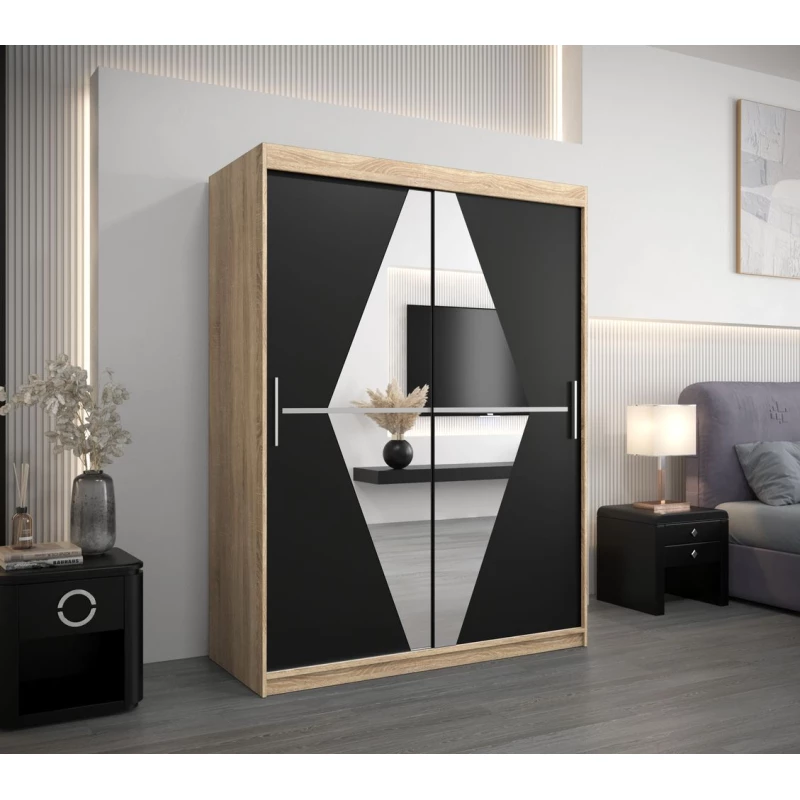 TATANA tükrös ruhásszekrény - szélesség 150 cm, sonoma tölgy / fekete