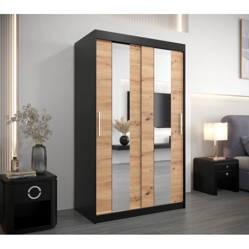 DIANA tükrös ruhásszekrény - szélesség 120 cm, fekete / artisan tölgy