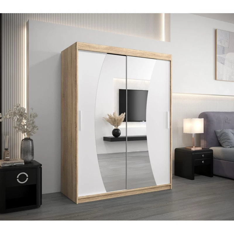 Tolóajtós gardróbszekrény ANABELA - 150 cm, sonoma tölgy / fehér