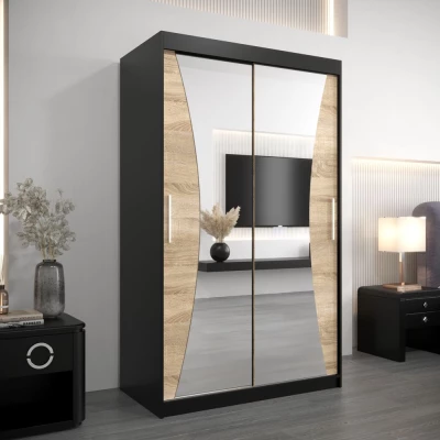 VAIANA tükrös gardróbszekrény - szélesség 120 cm, fekete / sonoma tölgy