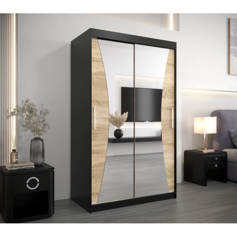 VAIANA tükrös gardróbszekrény - szélesség 120 cm, fekete / sonoma tölgy