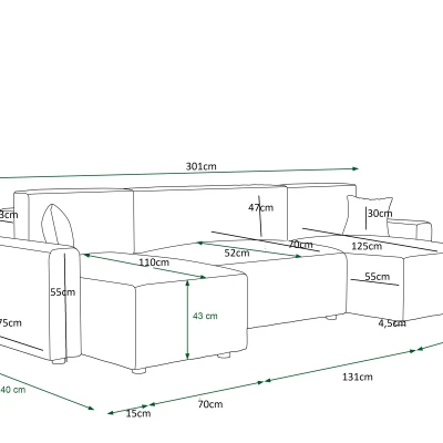 RADANA U-alakú kényelmes kinyitható kanapé - sötétzöld