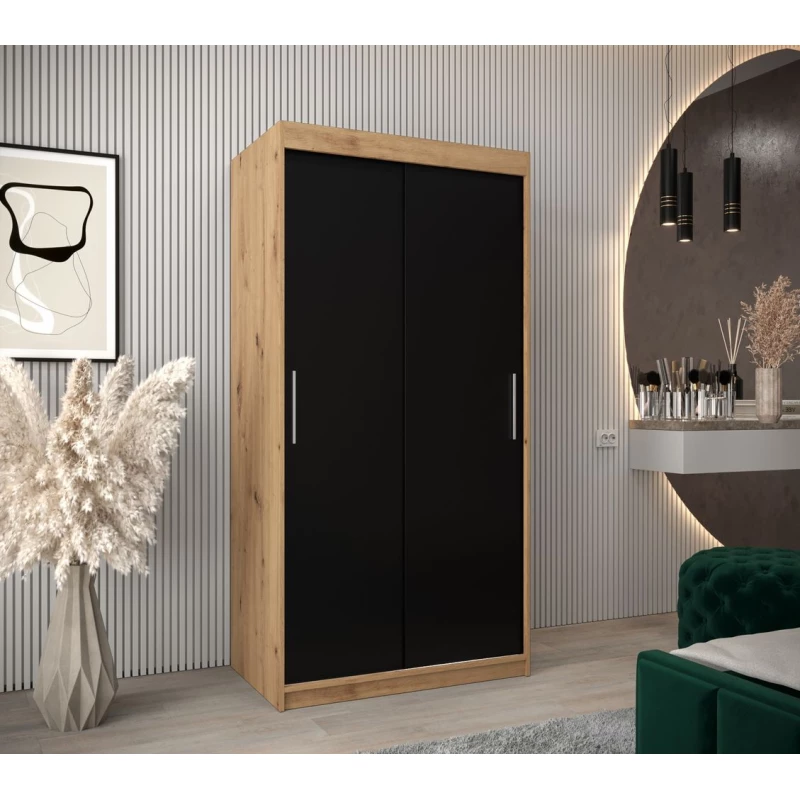 Tolóajtós gardróbszekrény 100 cm széles TIMEA - artisan tölgy / fekete