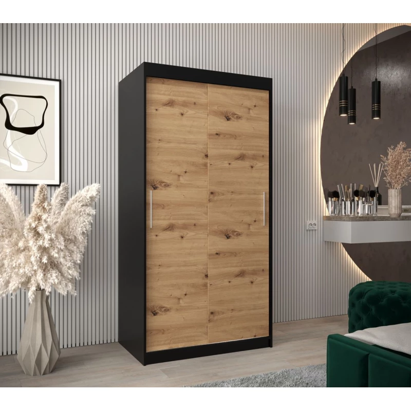 Tolóajtós gardróbszekrény 100 cm széles TIMEA - fekete / artisan tölgy