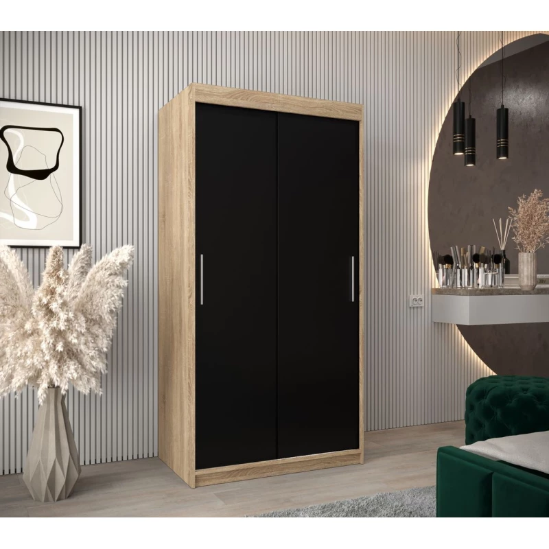 Tolóajtós gardróbszekrény 100 cm széles TIMEA - sonoma tölgy / fekete