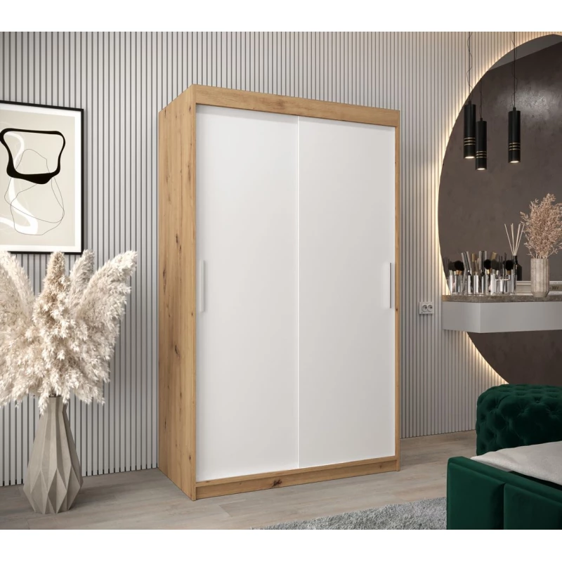 Tolóajtós gardróbszekrény 120 cm széles TIMEA - artisan tölgy / fehér