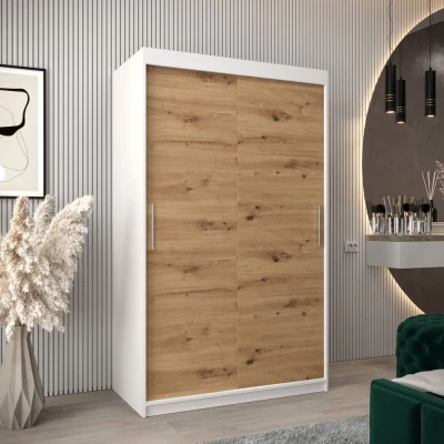 Tolóajtós gardróbszekrény 120 cm széles TIMEA - fehér / artisan tölgy