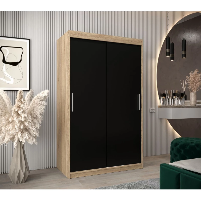 Tolóajtós gardróbszekrény 120 cm széles TIMEA - sonoma tölgy / fekete
