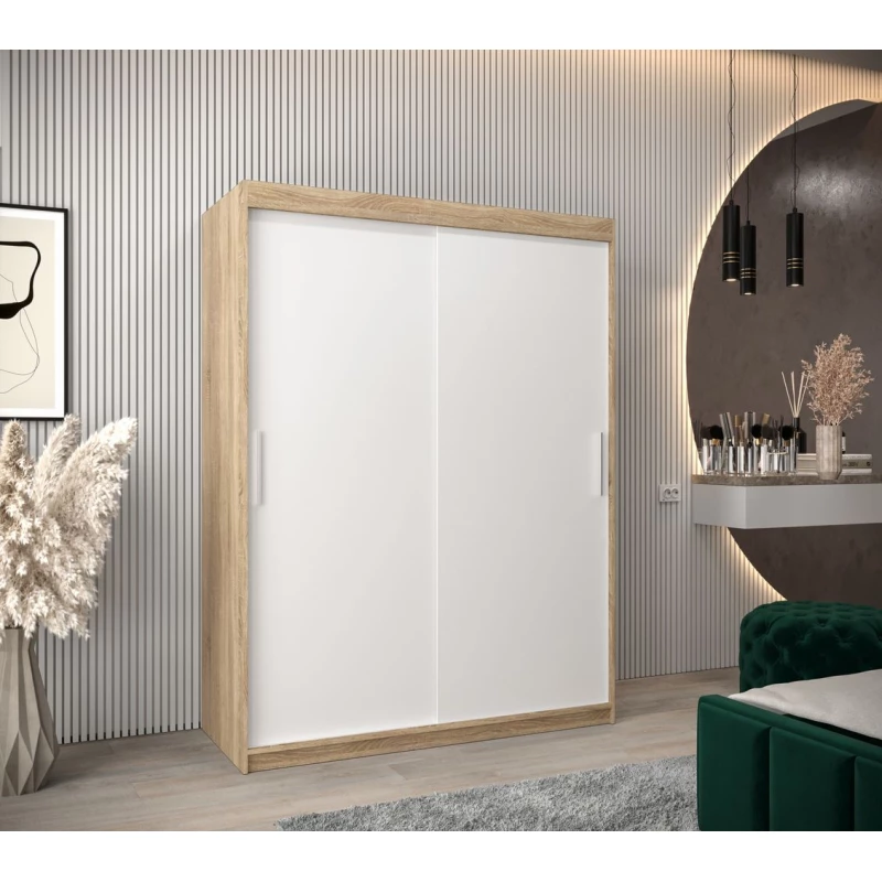 Tolóajtós gardróbszekrény 150 cm széles TIMEA - sonoma tölgy / fehér