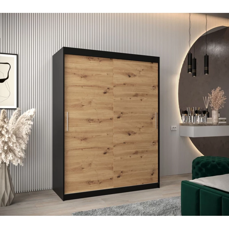 Tolóajtós gardróbszekrény 150 cm széles TIMEA - fekete / artisan tölgy