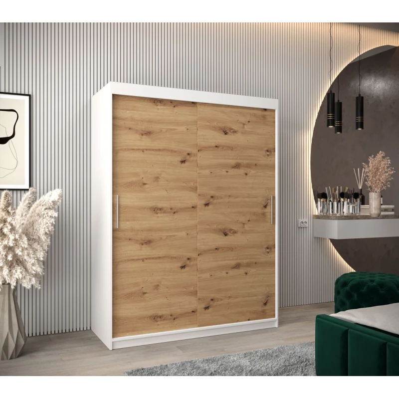 Tolóajtós gardróbszekrény 150 cm széles TIMEA - fehér / artisan tölgy