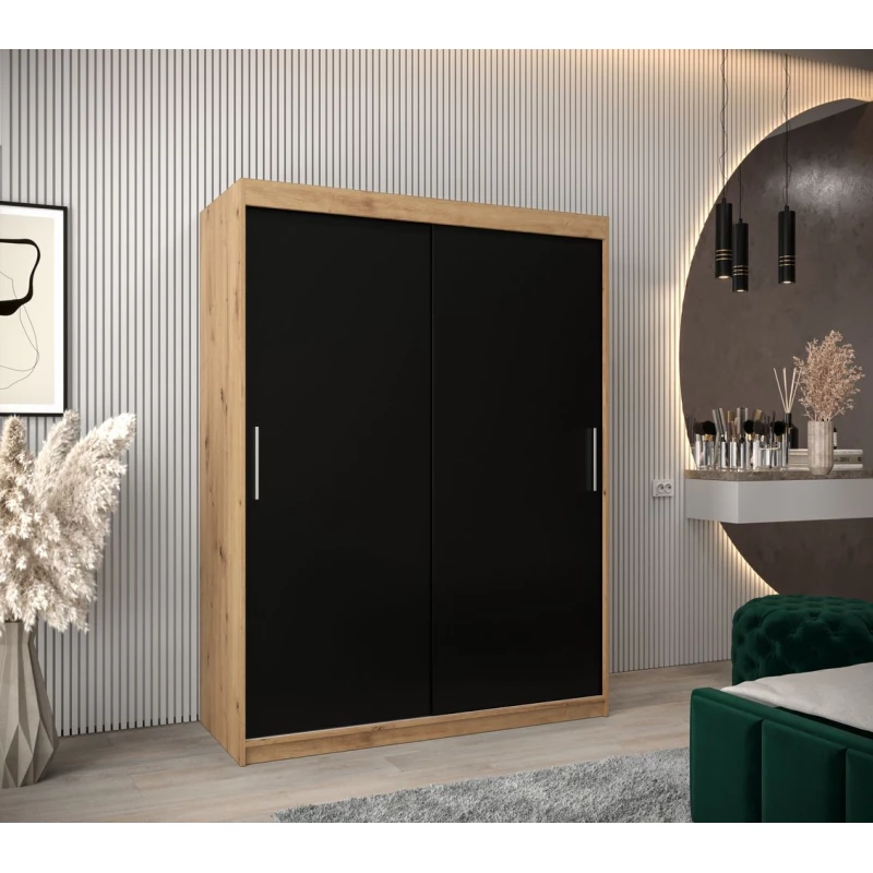 Tolóajtós gardróbszekrény 150 cm széles TIMEA - artisan tölgy / fekete