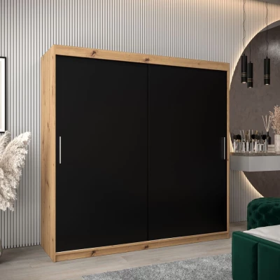 Tolóajtós gardróbszekrény 200 cm széles TIMEA - artisan tölgy / fekete