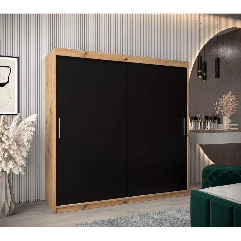 Tolóajtós gardróbszekrény 200 cm széles TIMEA - artisan tölgy / fekete