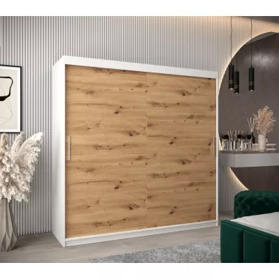 Tolóajtós gardróbszekrény 200 cm széles TIMEA - fehér / artisan tölgy