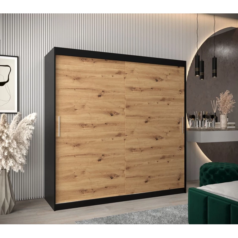 Tolóajtós gardróbszekrény 200 cm széles TIMEA - fekete / artisan tölgy