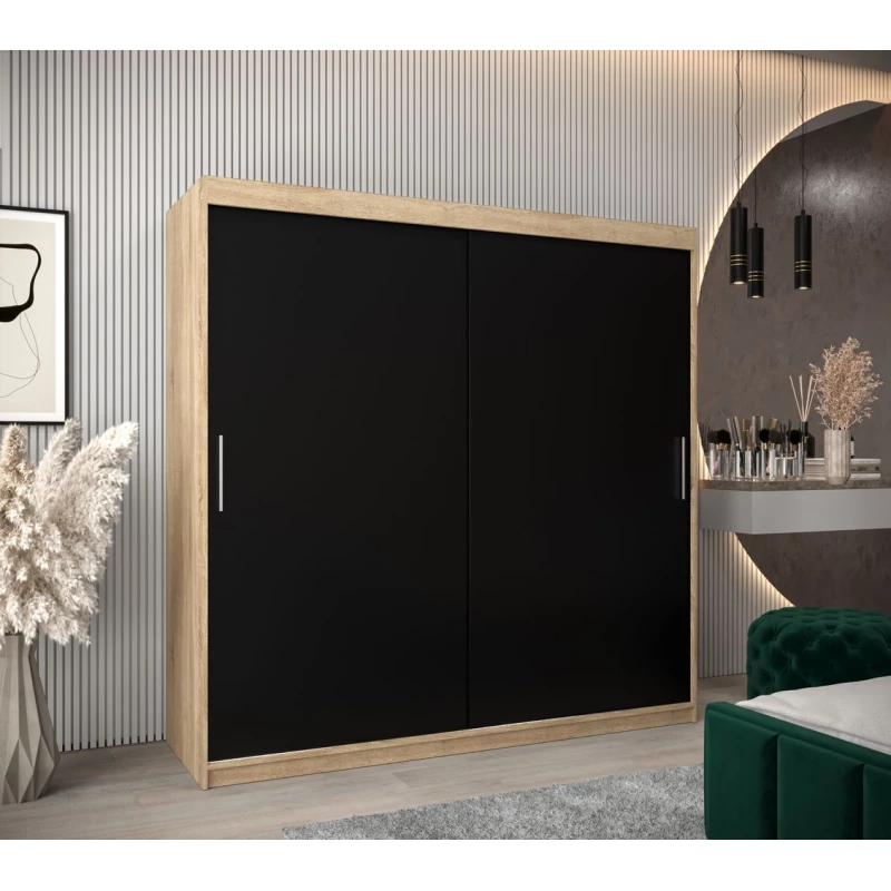 Tolóajtós gardróbszekrény 200 cm széles TIMEA - sonoma tölgy / fekete