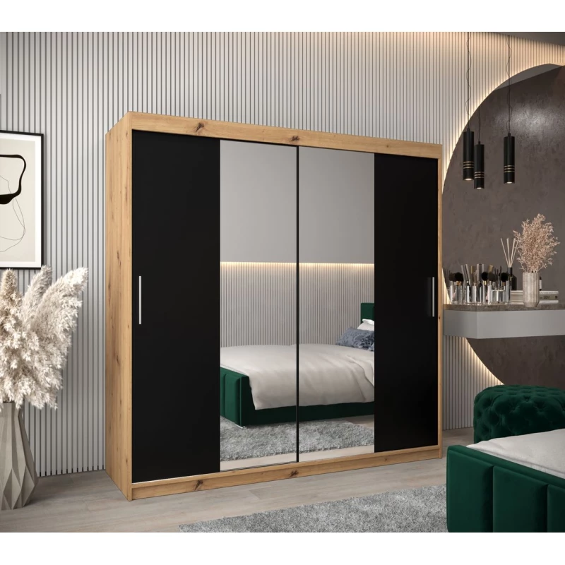Tolóajtós gardróbszekrény 200 cm széles TIMEA 1 - artisan tölgy / fekete