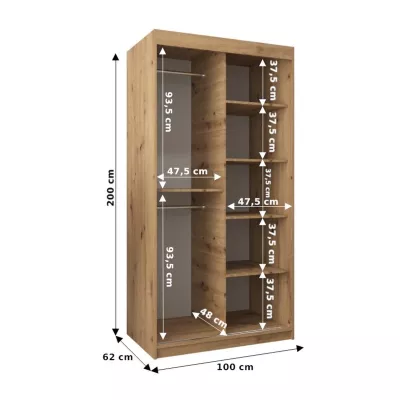 TIMEA 2 tágas tolóajtós gardróbszekrény 100 cm széles - sonoma tölgy / fehér