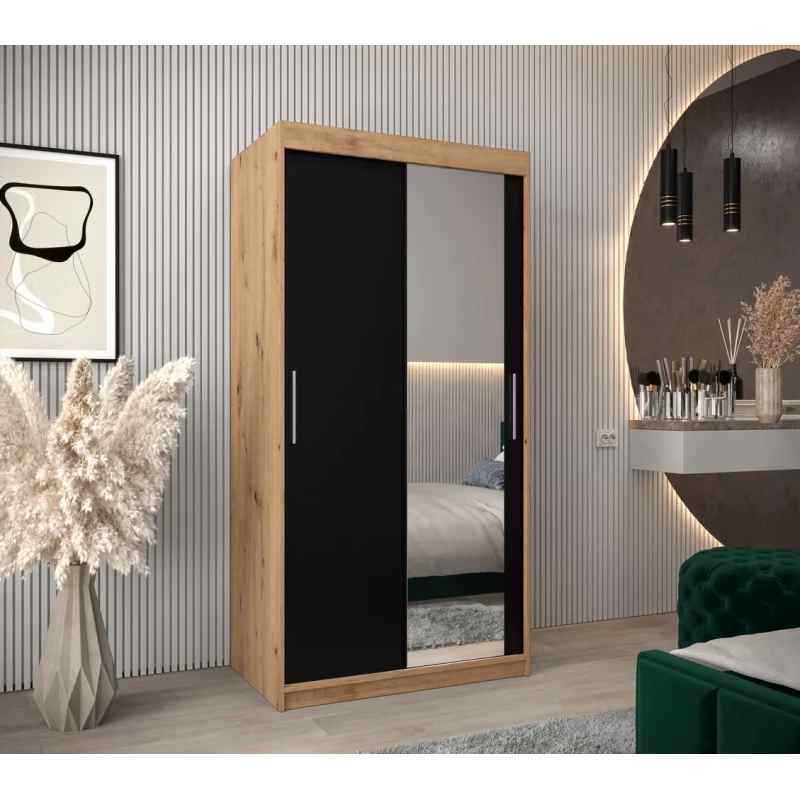 Tolóajtós gardróbszekrény 100 cm széles TIMEA 2 - artisan tölgy / fekete