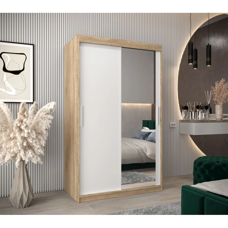 Tolóajtós gardróbszekrény 120 cm széles TIMEA 2 - sonoma tölgy / fehér
