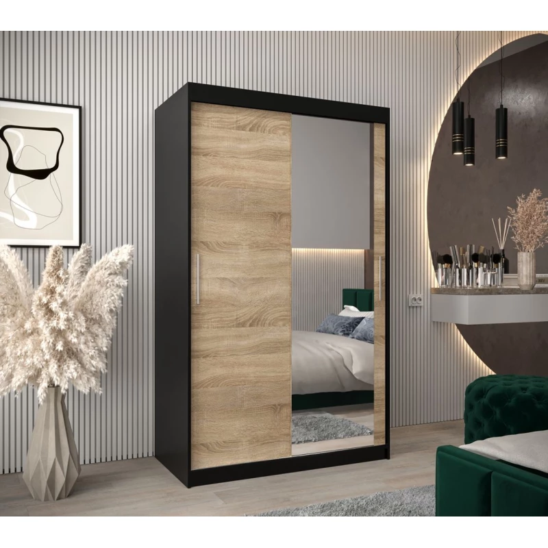 Tolóajtós gardróbszekrény 120 cm széles TIMEA 2 - fekete / sonoma tölgy