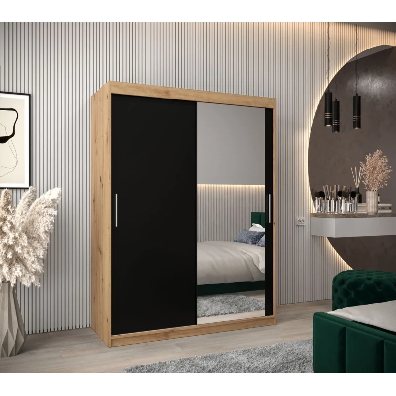 Tolóajtós gardróbszekrény 150 cm széles TIMEA 2 - artisan tölgy / fekete