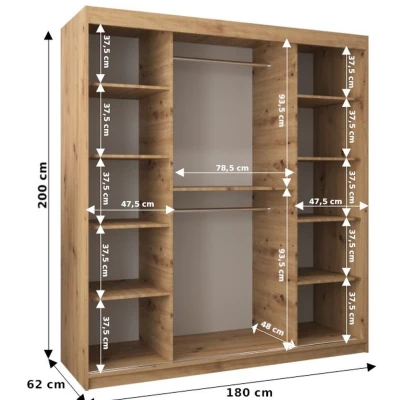 Tolóajtós gardróbszekrény 180 cm széles TIMEA 2 - artisan tölgy / fekete